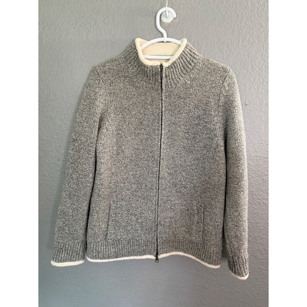 LL Bean Gray Lambswool Sherpa Lined Full Zip Cardigan Sweater M Gorpcore Fuzzy